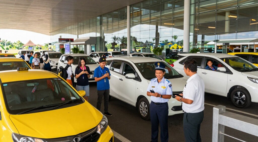 A bustling airport arrival area in Bali, showcasing a variety of transportation options in a professional photojournalism style. In the foreground, a taxi stand with brightly colored vehicles and a friendly driver in a neat uniform, ready to assist travelers. The middle ground features ride-hailing drivers holding mobile devices, engaging with arriving passengers, and a line of private transfer vehicles, with smiling drivers awaiting guests. In the background, the modern airport terminal is elegantly designed, with glass walls reflecting the vibrant Bali landscape outside. Soft, natural lighting enhances the scene's warmth, while a wide-angle perspective captures the lively atmosphere. Overall, convey a sense of efficiency, convenience, and the welcoming charm of Bali.
