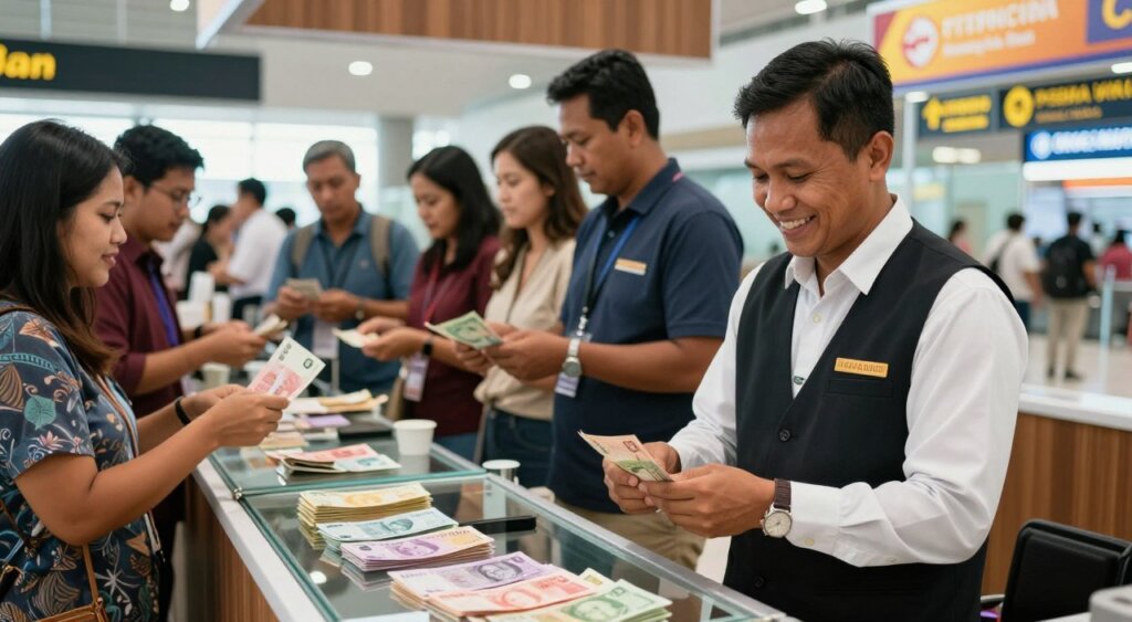A bustling airport money exchange booth in Bali, featuring a friendly, professional money changer in a neat business attire, standing behind a glass counter filled with various currencies. In the foreground, the money changer is counting cash, conveying trustworthiness and attentiveness. The middle ground showcases travelers exchanging money, depicting a mix of cultures, while ensuring their exchanges are conducted safely. The background reveals the airport terminal, with vibrant signs and travelers moving about, providing a sense of activity. Soft, natural lighting illuminates the scene, highlighting the warm colors of the booth and creating an inviting atmosphere. The composition captures a moment of secure financial transactions, emphasizing the importance of staying vigilant and informed while managing money abroad.