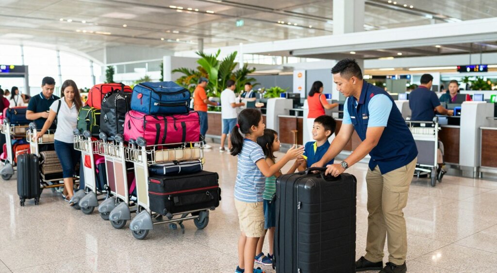 A bustling airport scene at Bali, focusing on the handling of luggage in a vibrant transfer area. In the foreground, a professional service worker in smart casual attire assists a family with their luggage, ensuring a smooth transfer. The family, with children visibly excited, thanks the worker, creating a warm interaction. In the middle ground, luggage carts are stacked high with colorful bags, while other passengers are checking in at nearby counters. The background features the bright, airy architecture of the airport, with tropical plants adding to the atmosphere. The image is shot with a wide-angle lens, capturing the busy environment in natural daylight, emphasizing efficiency and customer service. The overall mood is welcoming and organized, reflecting the ease of travel.