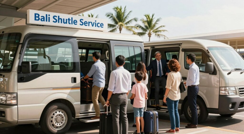 A bustling airport scene featuring a shared shuttle service in Bali. In the foreground, a modern shuttle van with a sign reading "Bali Shuttle Service" visible, parked with its doors open, welcoming passengers. In the middle ground, a diverse group of travelers, including a family and business professionals dressed in neat, casual attire, are loading their luggage into the shuttle. A friendly driver assists them with a smile. In the background, the airport terminal is visible, with palm trees swaying gently under bright, clear skies. The lighting is warm and inviting, giving a sense of safety and efficiency. The angle is slightly elevated, capturing the lively atmosphere of the airport while focusing on the shuttle service interface. The mood is welcoming, emphasizing convenience and comfort in shared travel experiences.