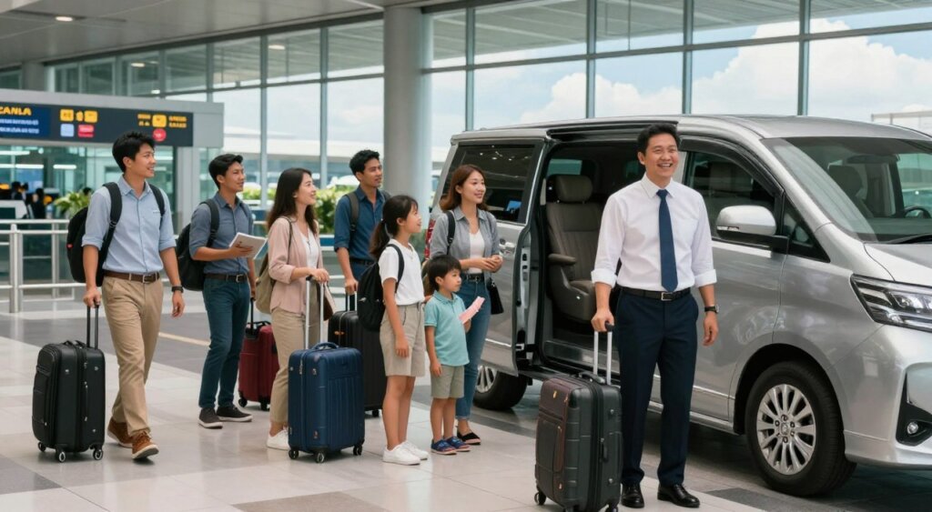 A bustling airport scene showcasing tailored airport transfer services for groups. In the foreground, a friendly driver in professional attire stands beside a luxurious van, ready to assist a diverse group of travelers, including families and business professionals, all dressed in smart casual clothing. In the middle ground, luggage being loaded into the vehicle, with excited passengers discussing their travel plans. The background features a modern airport terminal with large windows and clear skies visible outside, suggesting a vibrant Bali atmosphere. Soft natural lighting enhances the scene, capturing a welcoming and efficient mood, while the camera angle is at eye level, bringing a realistic, photojournalistic feel to the composition, akin to National Geographic quality.