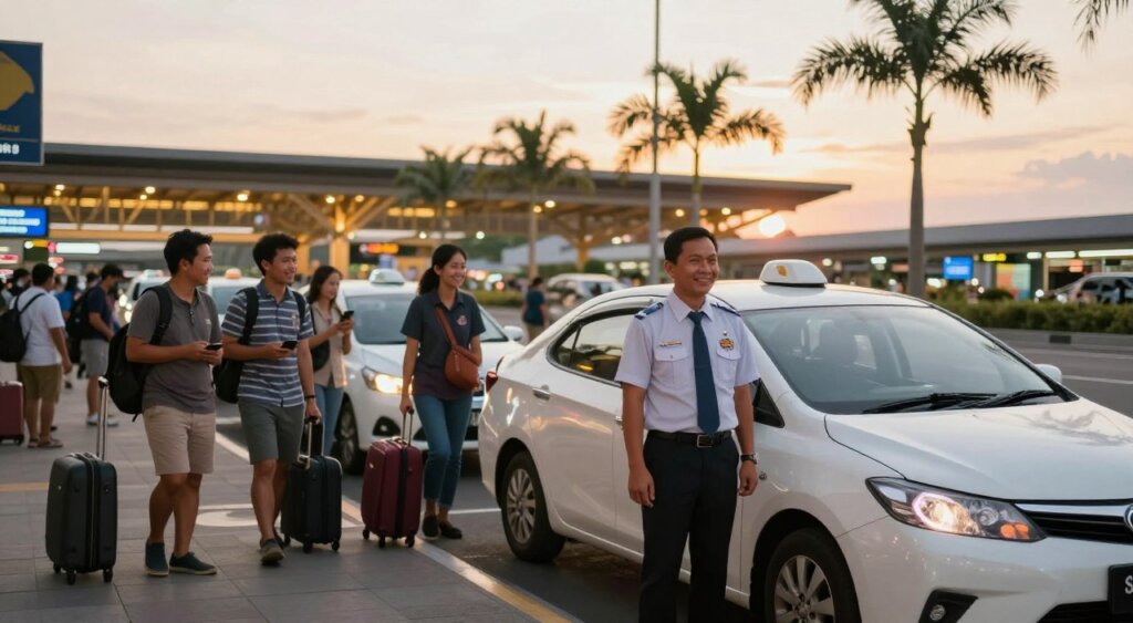 A bustling airport taxi service scene at Bali's Ngurah Rai International Airport during the golden hour. In the foreground, a reliable taxi driver in professional attire stands beside a clean, well-maintained taxi, ready to assist passengers. In the middle, travelers with luggage approach the taxi stand, showcasing a diverse group of people; some are exchanging friendly smiles while others are checking their phones. The background reveals the iconic airport architecture, warmly lit by the setting sun, with palm trees swaying softly in the gentle breeze. The mood is welcoming and efficient, capturing the essence of a trustworthy transportation service. The image is framed with a shallow depth of field to create focus on the taxi and its driver while softly blurring the bustling activity in the background.