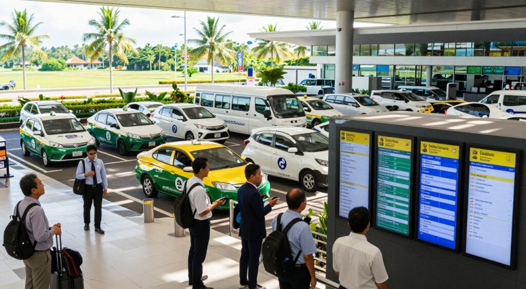 A bustling airport terminal in Bali during the day, showcasing pre-booked transportation options. In the foreground, a diverse group of travelers in professional business attire and modest casual clothing, reviewing transportation options on a digital display. In the middle ground, various approved vehicles like taxis, shuttles, and private cars are neatly lined up outside the terminal, with a backdrop of the stunning tropical landscape and palm trees. The background features the airport's modern architecture under bright, natural lighting, casting soft shadows. The atmosphere is vibrant yet organized, conveying a sense of security and reliability in choosing airport transfers. The scene captures the essence of professional travel in a popular tourist destination, emphasizing safety and convenience.