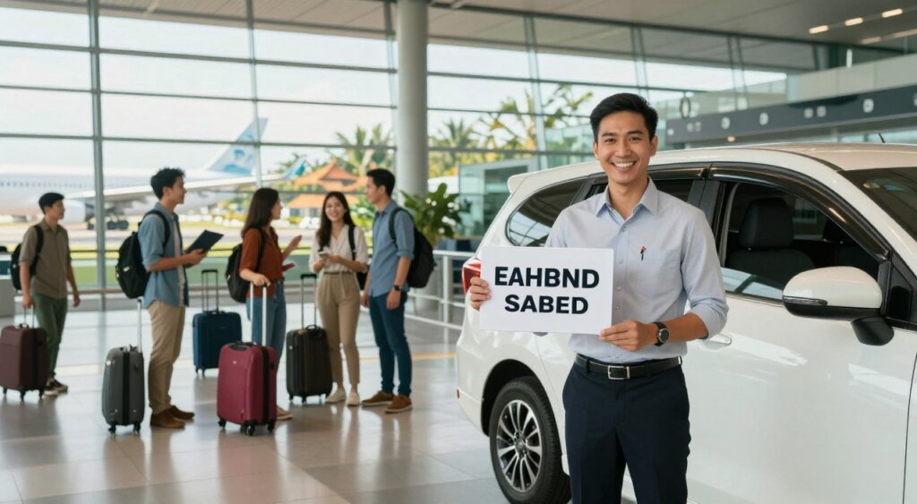 A bustling airport terminal scene showcasing a friendly driver holding a sign with a passenger's name, set in a well-lit arrivals area. In the foreground, the driver, dressed in a smart, professional attire with a welcoming smile, stands next to a sleek, modern vehicle. The middle ground features travelers with luggage, some chatting and smiling as they navigate through the terminal, conveying a sense of excitement. In the background, large glass windows reveal a glimpse of departing planes and the vibrant Bali landscape outside, bathed in warm, tropical sunlight. The atmosphere is lively and welcoming, perfect for a smooth journey in Bali. The image captures a moment of connection and anticipation, emphasizing the convenience of shared shuttle services.