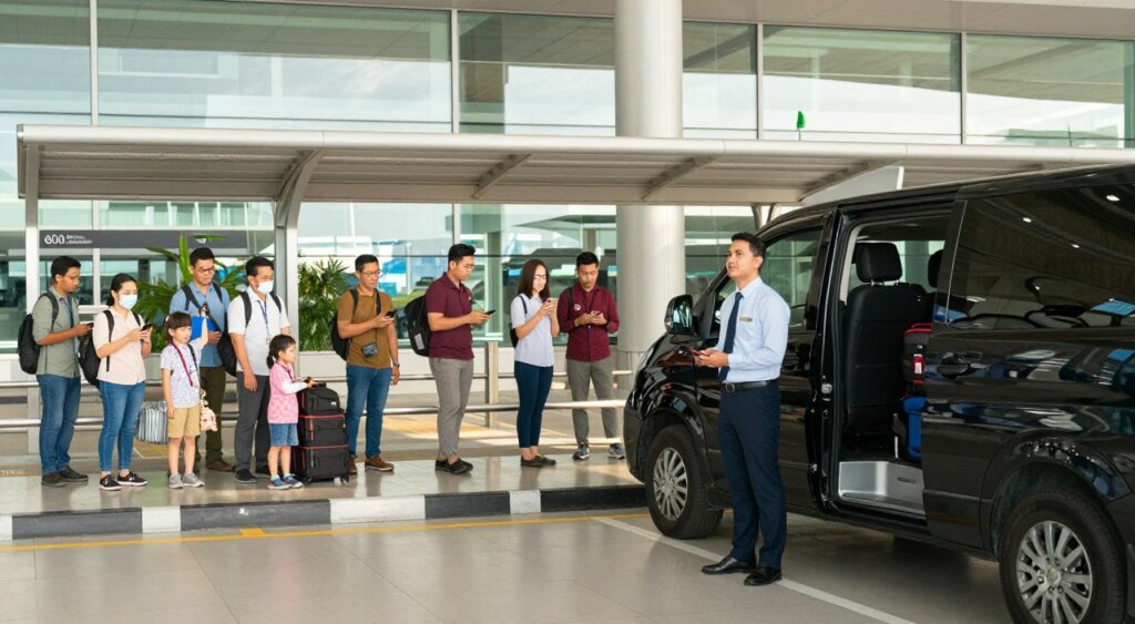 A bustling airport transfer service scene at Ngurah Rai International Airport. In the foreground, a professional driver in business attire stands next to a sleek, black van with an open door, showcasing luggage in the back. The middle section features a diverse group of travelers, including families and solo passengers, waiting at a modern shuttle bus stop. They are dressed in casual yet tidy clothing, actively engaging with their devices or chatting. In the background, the airport terminal's architectural details are visible, with large glass windows reflecting sunlight, creating a warm, inviting atmosphere. The lighting is natural, bright and airy, capturing a dynamic yet organized environment. The scene conveys efficiency and professionalism in airport transportation services, embodying the essence of travel convenience. A bustling airport transfer service scene at Ngurah Rai International Airport. In the foreground, a professional driver in business attire stands next to a sleek, black van with an open door, showcasing luggage in the back. The middle section features a diverse group of travelers, including families and solo passengers, waiting at a modern shuttle bus stop. They are dressed in casual yet tidy clothing, actively engaging with their devices or chatting. In the background, the airport terminal's architectural details are visible, with large glass windows reflecting sunlight, creating a warm, inviting atmosphere. The lighting is natural, bright and airy, capturing a dynamic yet organized environment. The scene conveys efficiency and professionalism in airport transportation services, embodying the essence of travel convenience.
