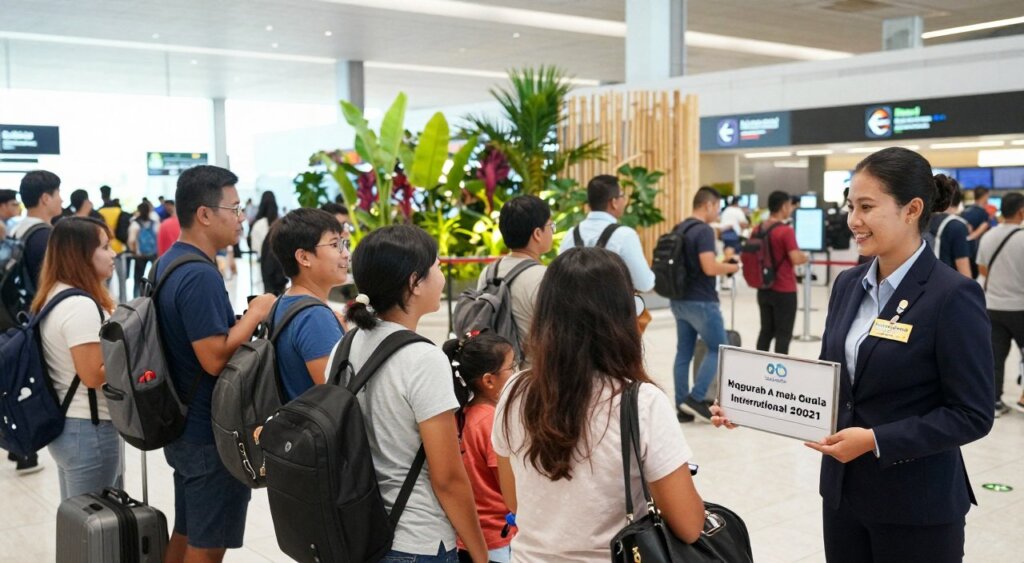 A bustling arrivals hall at Bali's Ngurah Rai International Airport, featuring a well-organized meet and greet area. In the foreground, a professional-looking travel coordinator in business attire is warmly welcoming arriving travelers with a friendly smile, holding a sign with their name. In the middle ground, diverse groups of travelers, including families and solo adventurers, are joyfully reuniting with loved ones or engaging with staff. The background reveals the bright, airy architecture of the airport, adorned with tropical plants and bamboo accents. Soft natural lighting floods the scene, enhancing the welcoming atmosphere. The camera angle is slightly elevated, aiming to capture the vibrant activity and anticipation of arrivals in a photojournalistic style that reflects the ease and comfort of a pre-booked airport transfer.