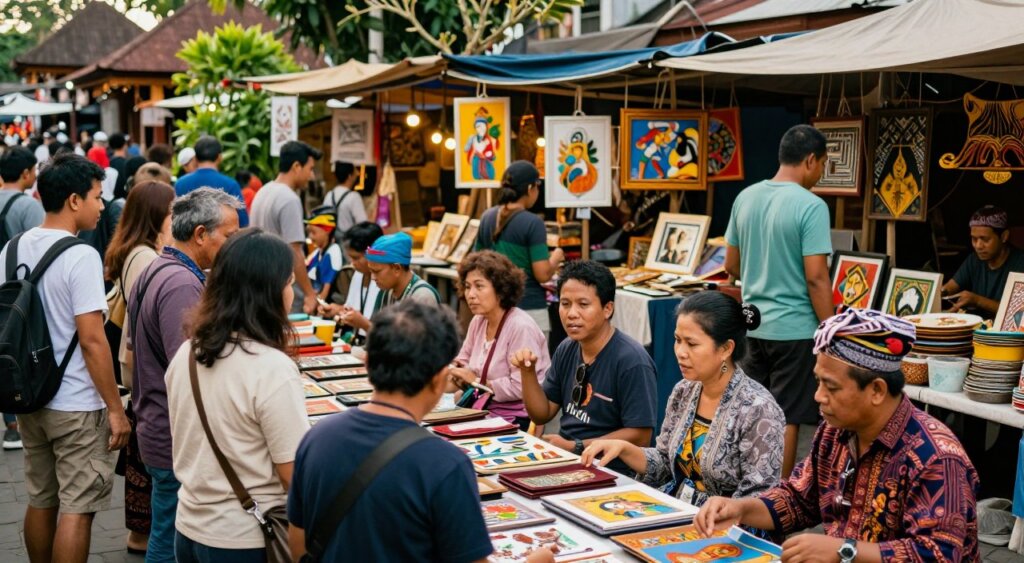 A bustling art market in Bali, teeming with tourists and locals engaged in lively bargaining over vibrant artwork. In the foreground, a diverse group of people, including tourists in casual yet modest clothing and local vendors wearing traditional attire, negotiate exchanges, their expressions animated and focused. The middle ground features colorful stalls brimming with handcrafted items, paintings, and intricate crafts. Background elements include lush greenery and traditional Balinese architecture, creating an authentic cultural atmosphere. Soft, warm lighting bathes the scene, enhancing the vibrant colors and details, while the perspective is slightly elevated to capture the bustle of the market. The overall mood is dynamic and engaging, reflecting the excitement and challenges of navigating market scams while appreciating local art.