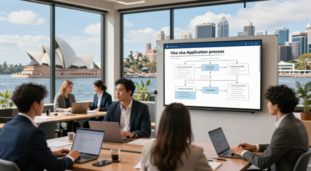A bustling co-working space in a modern Australian city serves as the foreground, with a diverse group of digital nomads in professional business attire engaged in discussions and working on laptops. In the middle ground, a large digital whiteboard displays flowcharts and diagrams outlining the visa application process, with visuals depicting various forms and steps. The background features iconic Australian elements, such as the Sydney Opera House and the skyline of a vibrant city, under a bright blue sky with a few fluffy clouds. Natural light pours through large windows, creating a warm, inviting atmosphere that fosters collaboration. The composition is captured with a shallow depth of field, emphasizing the foreground activities while subtly hinting at the dynamic city scene beyond.