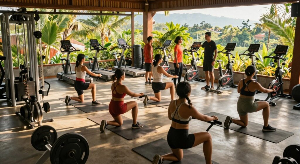 A bustling fitness center in Bali, showcasing a diverse range of gym equipment like weights, exercise bikes, and yoga mats. In the foreground, dedicated individuals in modest athletic wear engage in workouts, embodying focus and determination. The middle layer features trainers providing guidance, contributing to a supportive community atmosphere. In the background, large windows reveal lush tropical foliage and distant mountains, creating a serene yet vibrant environment. The lighting is warm and natural, streaming through the windows, casting soft shadows across the room, enhancing the inviting ambiance. Capture this scene from a slightly elevated angle, highlighting the energetic and inclusive nature of Bali’s fitness scene, reminiscent of professional photojournalism with a vivid, life-like quality.