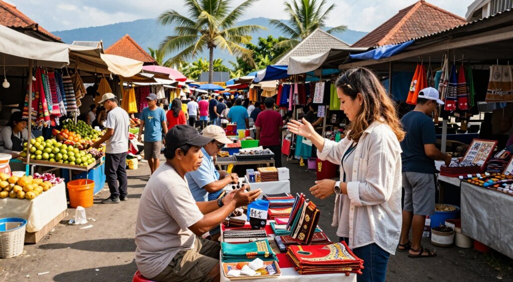 A bustling market scene in Kuta, filled with vibrant stalls and tropical colors. In the foreground, a Balinese vendor in modest casual clothing negotiates prices with a traveler dressed in light, comfortable attire. The traveler examines a selection of handcrafted items, while the vendor gestures animatedly, showcasing the products. In the middle ground, other shoppers explore various stalls, filled with fruits, fabrics, and souvenirs. The background features lush palm trees and distant mountains under a bright, sunny sky, casting soft shadows. Captured from a slightly elevated angle to include the energetic interaction and surrounding market atmosphere, the image exudes a vibrant and lively mood, capturing the essence of budget negotiation while traveling in Kuta.