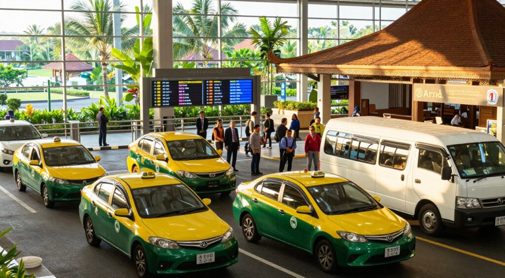 A bustling scene at Bali Airport showcasing various transportation options available for travelers. In the foreground, a row of colorful taxis awaits passengers, while shuttle buses stand ready beside them. The middle ground features a group of travelers with professional business attire, examining a digital display board with arrival times and transport options. In the background, lush tropical greenery peeks through the terminal's glass walls, illuminated by warm, natural sunlight streaming in. The airport architecture has a modern yet traditional Balinese aesthetic, with intricate details and helpful signage. Capture this vibrant atmosphere from a slightly elevated angle, emphasizing the organized chaos of arriving tourists. The overall mood should feel welcoming and energetic, highlighting the ease of transit from the airport to various destinations in Bali.