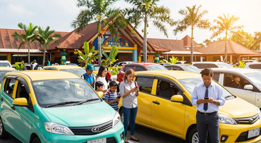 A bustling scene capturing Bali's ride-hailing landscape at the airport, with colorful ride-hailing vehicles in the foreground. Enhance the image with professional drivers, dressed in smart casual attire, waiting beside their vehicles, ready to assist travelers. In the middle ground, show an assortment of diverse tourists, including families and solo travelers, interacting with their smartphones to arrange pickups. The background features the vibrant, tropical architecture of Bali's Ngurah Rai International Airport under bright, sunny skies, surrounded by lush palm trees. The lighting should evoke a warm, inviting atmosphere typical of Bali, with a slight lens flare to suggest midday sun. The composition should reflect a sense of movement and convenience in this lively travel hub, emphasizing the intersection of modern technology and cultural charm.