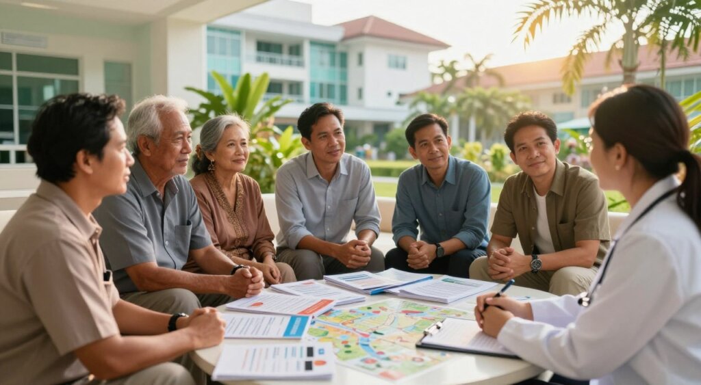 A bustling scene depicting Bali residents navigating the complexities of healthcare access. In the foreground, a diverse group of individuals of varying ages, dressed in professional business attire and modest casual clothing, consult with a healthcare professional in a well-appointed clinic. The middle layer shows an array of healthcare brochures and maps spread across a table, symbolizing information sharing. In the background, a modern hospital with tropical greenery, capturing Bali's unique environment, is visible. The lighting is warm and inviting, reminiscent of early morning, casting soft shadows that create a hopeful atmosphere. The overall mood is one of determination and community, emphasizing the importance of healthcare insurance in navigating the Indonesian healthcare system.