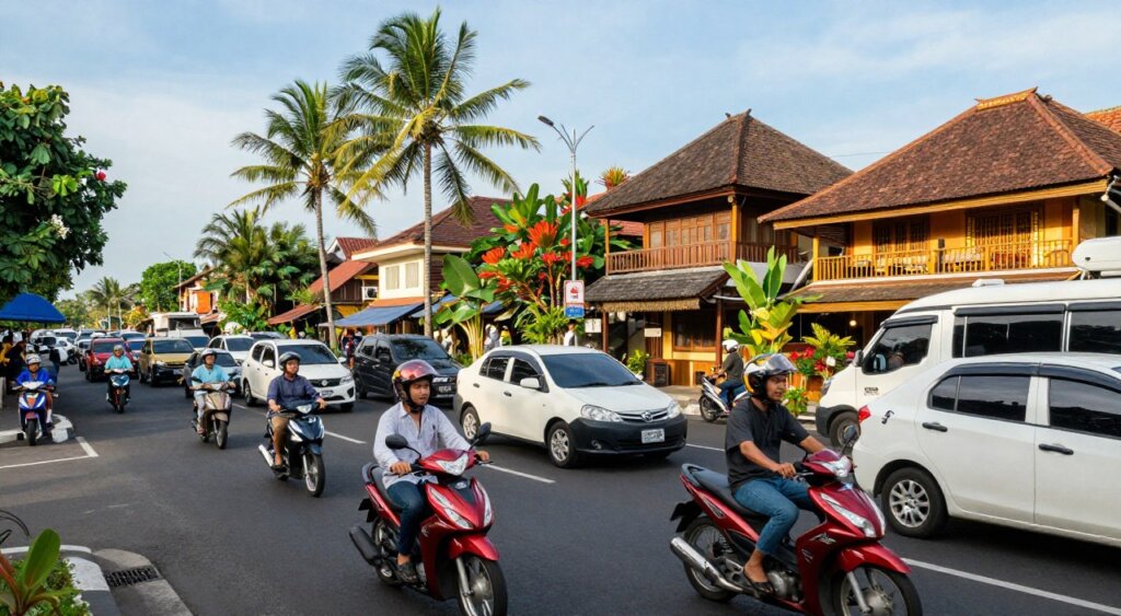 A bustling scene of Bali traffic, showcasing a vibrant street filled with various vehicles like cars, scooters, and buses at a busy intersection. In the foreground, capture a few motorbikes weaving through traffic, with riders dressed in modest casual clothing. The middle ground should feature cars and traditional Balinese-style buildings lining the road, adorned with tropical flora. In the background, depict palm trees swaying gently under a clear blue sky. Use soft, natural lighting to highlight the lush surroundings and create a warm atmosphere. The angle should be slightly elevated, offering a panoramic view of the traffic chaos, encapsulating the dynamic energy of Bali's transit experience.