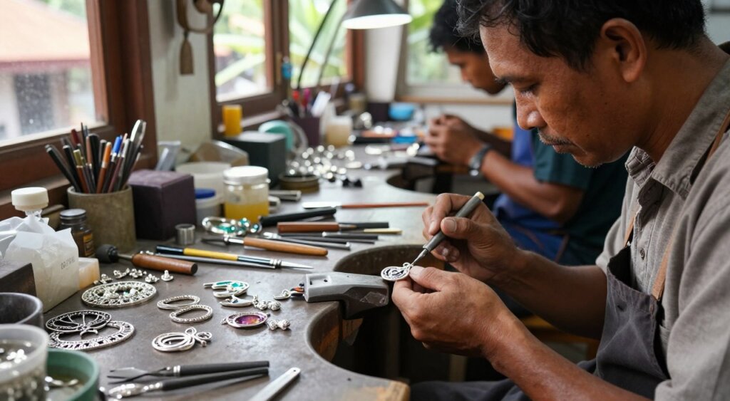 A bustling silver jewelry workshop in Kuta, filled with artisans at work, shaping intricately designed silver pieces. In the foreground, a skilled craftsman, dressed in modest casual clothing, is carefully soldering a shimmering pendant with precision. The middle ground showcases several workstations cluttered with tools, gemstones, and unfinished jewelry, evoking a sense of creativity and craftsmanship. The background reveals large windows allowing warm, natural light to flood the space, creating an inviting atmosphere. Soft shadows enhance the details of the silver creations while preserving a vibrant energy in the workspace. The overall mood is one of dedication and artistry, capturing the essence of silver jewelry-making in Bali.