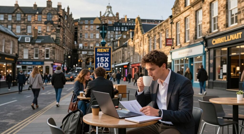 A bustling street scene in Edinburgh, Scotland, showcasing the cost of living for digital nomads. In the foreground, a young professional in business casual attire sits at a small café table with a laptop, sipping coffee while glancing at a notebook filled with financial notes and local cost comparisons. The middle ground features local shops with signs displaying prices for rent, groceries, and transport, hinting at the affordability and lifestyle of digital nomads. The backdrop showcases Edinburgh's iconic architecture under soft, golden hour lighting, casting warm shadows. The atmosphere is vibrant yet relaxed, evoking a sense of community and opportunity for remote workers. Use a wide lens to capture the bustling environment, focusing on the harmony between work and leisure in the city's picturesque setting.