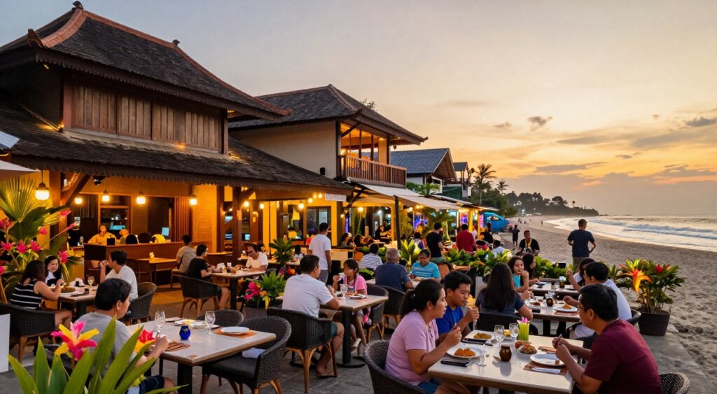 A bustling street scene showcasing a vibrant array of the best restaurants in Kuta, Indonesia. In the foreground, a charming outdoor dining area with tables set for patrons, adorned with colorful tropical flowers and elegant dinnerware. The middle ground features diverse restaurant styles, from traditional Balinese architecture to modern beachfront dining, with warm, inviting lighting glowing from within, inviting visitors to taste local cuisines. In the background, the famous Kuta beach waves softly lapping at the shore under a golden sunset, enhancing the vibrant atmosphere. Capture the mood of culinary delights, with families and friends enjoying meals, dressed in modest, casual clothing. Use a wide-angle lens to encapsulate the lively ambiance, highlighting the intricate details of the restaurants and the warm colors of the environment.