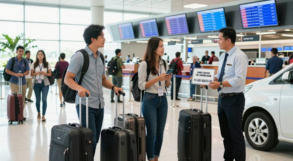 A busy Bali airport scene featuring a male and female traveler managing their luggage while communicating with an attentive driver. In the foreground, the travelers, dressed in smart casual clothing, are standing next to large suitcases, with one checking their phone for messages. The driver, in a neat professional outfit, holds a sign with the travelers' names, exuding a welcoming demeanor. The middle ground includes other travelers and airport staff, creating a bustling atmosphere. Bright natural lighting streams in through large windows, enhancing the lively mood. In the background, the airport's check-in counters and large screens displaying flight information provide context, along with tropical plants peeking in for a touch of Bali’s essence. The composition captures the harmonious interaction between the travelers and their driver in an organized environment.