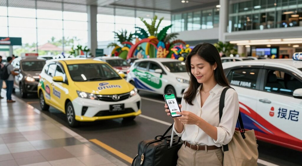 A busy Bali airport scene showcasing ride-hailing services, with a focus on upfront fare displays on an app interface visible on a smartphone held by a traveler. In the foreground, a professional woman in modest casual clothing, scanning her phone with a satisfied expression, is surrounded by bags. The middle ground features several ride-hailing vehicles queued up near the airport terminal, recognizable by their brand colors and signage. In the background, the bustling airport terminal adorned with tropical decorations and travelers can be seen, lit by soft natural daylight streaming through large glass windows. The overall mood is vibrant and efficient, emphasizing the seamless experience of using ride-hailing apps at the airport, captured with a realistic, photojournalistic style.