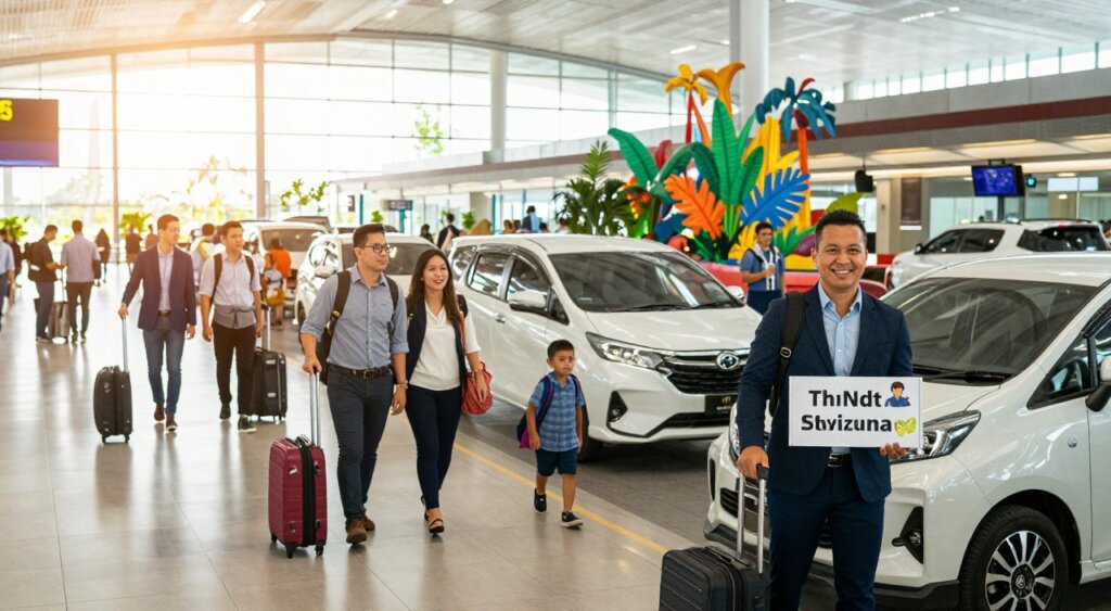 A busy Bali airport terminal with travelers arriving and departing, showcasing a diverse group of people, including business professionals in smart casual attire and families with luggage. In the foreground, a friendly driver holding a sign with a traveler's name, smiling warmly. The middle ground features sleek, modern vehicles parked nearby, waiting for pickups. The background captures the vibrant atmosphere of the airport, with a colorful tropical decor and warm sunlight streaming in through large windows, creating a welcoming ambiance. Use a wide-angle lens to emphasize the hustle and bustle, and a natural, bright lighting that adds an inviting feel to the scene. The overall mood reflects flexibility and readiness to cater to every traveler's needs.