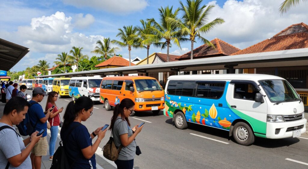 A busy Bali shuttle station with multiple shared shuttles waiting for passengers. In the foreground, a diverse group of travelers in modest casual clothing checking schedules on their smartphones. In the middle ground, shuttles in vibrant colors adorned with Bali-themed designs, ready to depart. The background features palm trees and the distinctive Balinese architecture, under a bright blue sky with scattered clouds. Soft sunlight bathes the scene, emphasizing the relaxed yet organized atmosphere. A wide-angle lens captures the hustle and bustle of the station, creating an inviting, community-oriented mood that reflects the benefits of shared shuttle services in Bali. The image conveys a sense of efficiency, connectivity, and the joy of shared travel experiences.