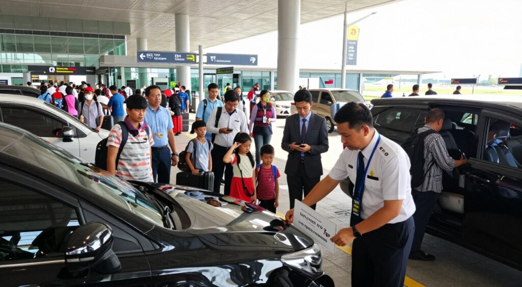 A busy airport pickup point at Ngurah Rai International Airport during daylight, showcasing a variety of travelers and airport staff in professional business attire and modest casual clothing. In the foreground, a well-dressed driver awaits by a sleek black car, holding a sign with a passenger's name. In the middle, a diverse group of travelers, including a family with luggage and a businessperson checking their phone, engage in the hubbub of arrivals. The background features the modern architecture of the airport terminal with clear signage directing to various transportation options. Natural sunlight floods the scene, creating a vibrant, welcoming atmosphere. The perspective is slightly elevated, capturing the bustling energy of airport logistics while maintaining focus on the pickup interactions. The overall mood is dynamic and organized, reflecting the efficient yet friendly nature of airport transportation. A busy airport pickup point at Ngurah Rai International Airport during daylight, showcasing a variety of travelers and airport staff in professional business attire and modest casual clothing. In the foreground, a well-dressed driver awaits by a sleek black car, holding a sign with a passenger's name. In the middle, a diverse group of travelers, including a family with luggage and a businessperson checking their phone, engage in the hubbub of arrivals. The background features the modern architecture of the airport terminal with clear signage directing to various transportation options. Natural sunlight floods the scene, creating a vibrant, welcoming atmosphere. The perspective is slightly elevated, capturing the bustling energy of airport logistics while maintaining focus on the pickup interactions. The overall mood is dynamic and organized, reflecting the efficient yet friendly nature of airport transportation.