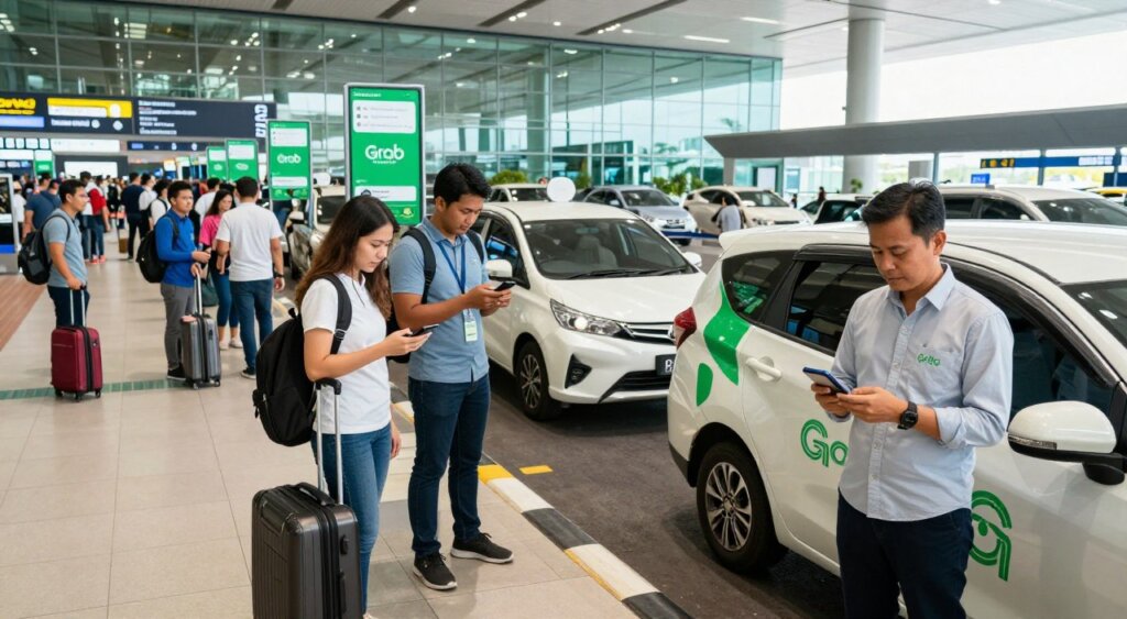 A busy airport pickup zone bustling with activity, showcasing a ride-hailing app environment. In the foreground, a well-dressed driver holding a smartphone stands beside a modern vehicle with a visible Grab logo. Nearby, a diverse group of travelers, including a young couple with luggage and a businesswoman, are looking at their phones to request rides. The middle ground features a clear, organized pickup lane with signage indicating ride-hailing services. In the background, the airport terminal looms with large glass windows reflecting daylight. Capture this scene in bright, natural lighting to evoke a sense of urgency and efficiency, using a wide-angle lens to encompass the vibrant atmosphere of Bali's airport. The mood should feel dynamic and inviting, highlighting the convenience of ride-hailing apps.