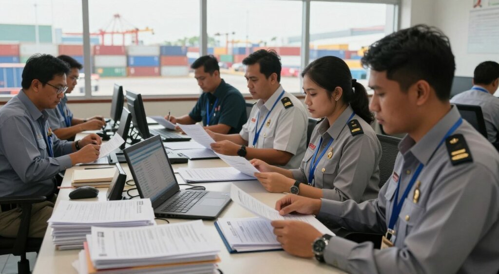 A busy customs clearance office in Indonesia, showcasing a dedicated team of professionals in smart business attire engaged in documentation processes. In the foreground, focus on a desk stacked with shipping paperwork, customs forms, and a laptop displaying digital records. The middle ground features a diverse group of officials reviewing documents and engaging with clients, emphasizing collaboration. The background includes a large window with a view of the bustling port and cargo containers, bathed in warm natural light, creating a sense of transparency and efficiency. A subtle ambiance of professionalism and urgency pervades, highlighting the importance of proper documentation for the customs clearance process.