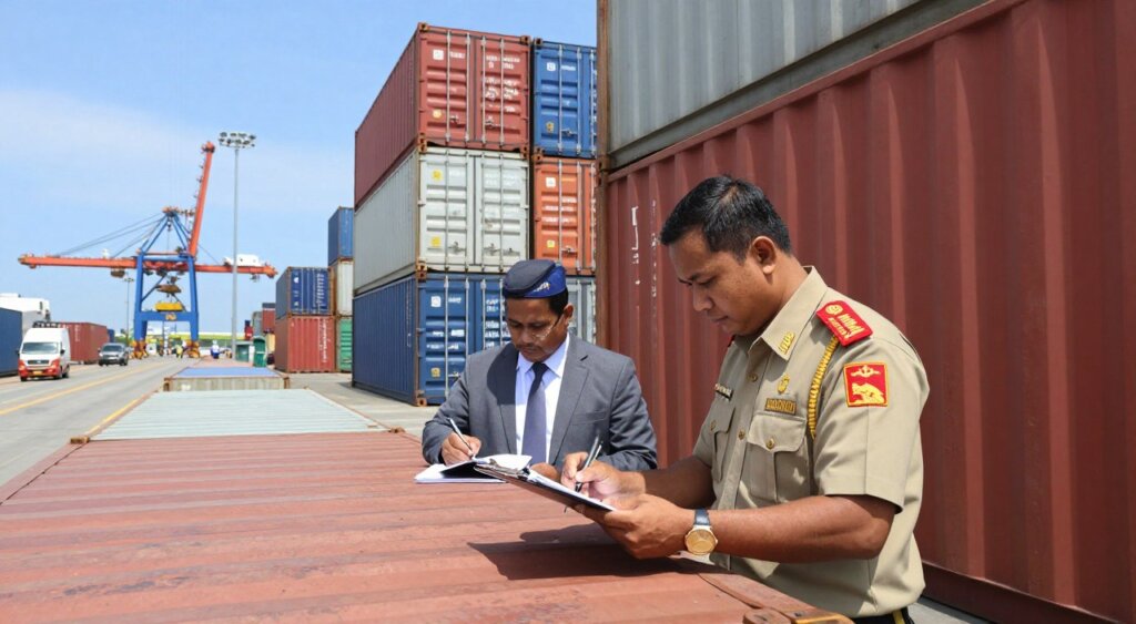 A busy customs inspection scene at an Indonesian shipping port. In the foreground, a professional customs officer in a uniform inspects a cargo container, looking closely at the contents. Beside him, a shipping agent in business attire takes notes on a clipboard. In the middle ground, various shipping containers are stacked high, some with labels indicating their origin. The background features a bustling port with cranes unloading goods under a clear blue sky. Bright, natural lighting creates a vibrant, alert atmosphere. The angle captures the action from slightly below eye level, emphasizing the scale of the operation. The entire scene conveys a mood of diligence and organization, reflective of the customs inspection process in Indonesia.