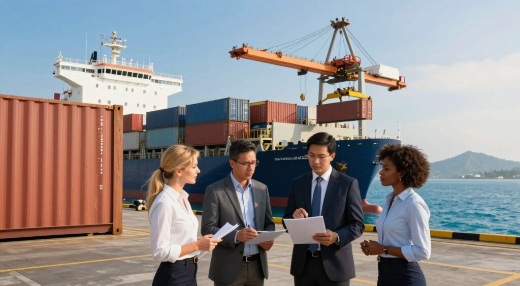 A busy port in Indonesia, showcasing collaboration between shipping companies and clients. In the foreground, a diverse group of professionals in business attire, including a Caucasian woman, an Asian man, and a Black woman, discussing shipping logistics plans next to a large shipping container. The middle ground features a modern cargo ship being loaded with containers, while a crane lifts cargo with precision. The background displays a vibrant blue ocean and a clear sky, with mountains in the distance, reflecting the tropical climate. The scene is bathed in warm, golden sunlight, creating a sense of optimism and partnership. The composition captures a dynamic and cooperative atmosphere, emphasizing the importance of global shipping connections.