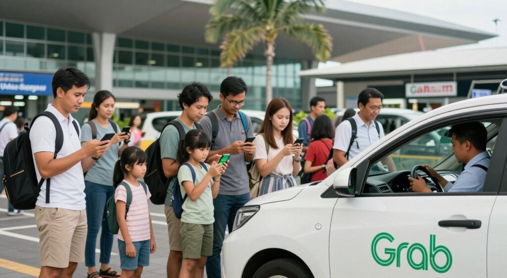 A busy scene at Bali Airport showcasing Grab's ride-hailing services. In the foreground, a sleek, contemporary Grab vehicle with the recognizable logo awaits passengers, with a friendly driver in professional attire ready to assist. In the middle ground, diverse travelers, including families and solo adventurers, are interacting with their smartphones and checking for their ride confirmations, all dressed in modest casual clothing. The background features the striking architecture of the airport terminal, bustling with activity, and tropical palm trees swaying gently. The image is captured in natural light, giving a vibrant and welcoming atmosphere, with a slight bokeh effect on the background to draw focus to the Grab vehicle and its passengers, evoking a sense of convenience and modern travel.