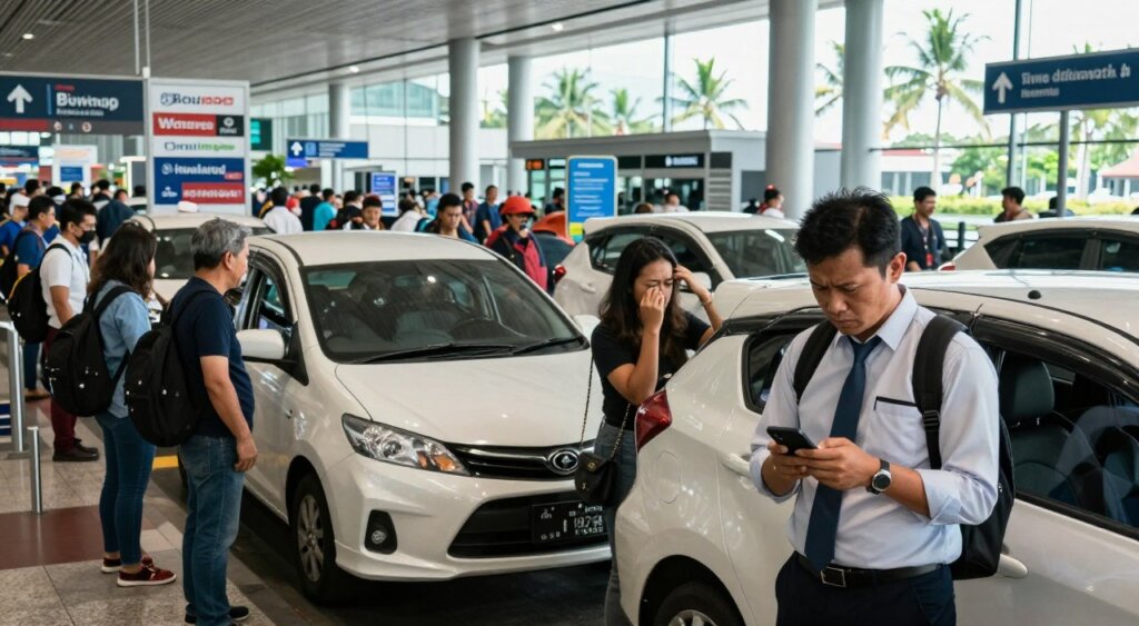A busy scene at Bali Airport showcasing common issues with ride hailing services. In the foreground, a frustrated traveler in professional attire checks their phone for ride updates as they stand next to a cluster of confused drivers waiting for passengers. The middle ground features a crowded arrivals area with travelers struggling to find the right pickup spot, while a sign indicating multiple ride-hailing companies adds to the confusion. The background captures the bustling airport terminal with tropical palm trees visible outside the glass windows, indicating the Bali location. Soft, natural lighting illuminates the scene, enhancing the mixed feelings of anticipation and frustration among travelers. The atmosphere is dynamic yet tense, highlighting the challenges faced by users in navigating ride-hailing options.