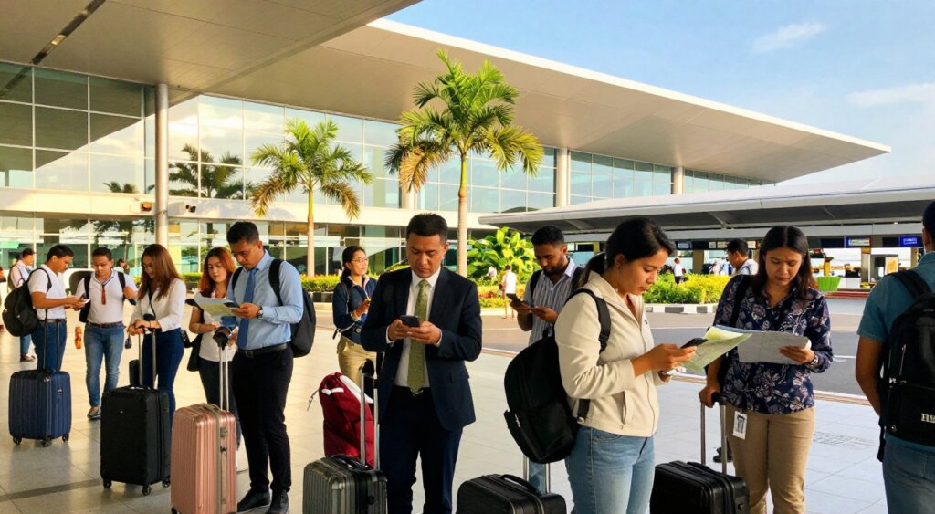 A busy scene at Bali Airport showcasing travelers preparing for their arrival. In the foreground, a diverse group of people—men and women in professional business attire or modest casual clothing—are gathering their luggage while checking their phones and looking at maps. The middle ground features the airport's modern architecture with large glass windows letting in warm tropical sunlight, creating a bright and inviting atmosphere. In the background, lush palm trees and a clear blue sky complement the airport's exterior. The photograph captures a bustling yet organized environment, portraying excitement and anticipation. The lighting is bright and vibrant, with a focus on natural light enhancing the colors of the scene, and the image is shot from a low angle to emphasize the scale and activity of the airport.
