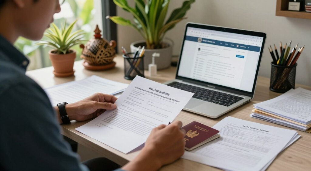 A candid, photojournalistic depiction of a person in a well-organized office in Bali, sitting at a desk covered with various documents, including an application form for a Bali driver's license. The foreground features the applicant, a foreigner dressed in smart casual attire, intently reviewing papers and a valid passport, with a pen in hand. The middle ground includes a laptop open with informational websites on the screen, along with tropical plants and traditional Balinese decor subtly visible. In the background, natural light filters through a window, casting soft shadows, enhancing the warm, inviting atmosphere typical of Bali. The scene captures a moment of focused determination, embodying the essential steps involved in applying for a driver's license in this picturesque locale.