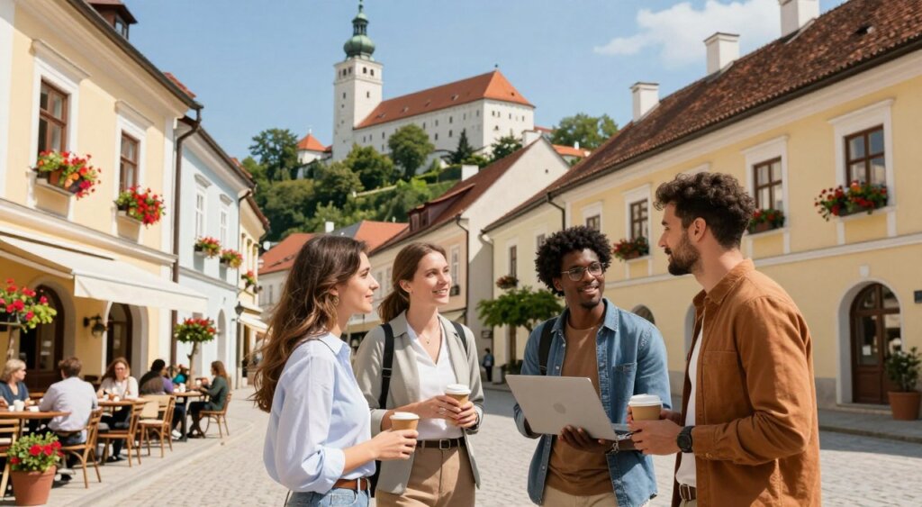 A captivating scene showcasing a group of digital nomads engaged in cultural exploration in Slovenia. In the foreground, a diverse group of three professionals in smart casual clothing, deeply engaged in conversation, with one person holding a laptop and sipping coffee. The middle ground features a picturesque Slovenian street lined with charming historical buildings, outdoor cafés, and vibrant flower boxes. In the background, the iconic Ljubljana Castle perched on a hill, surrounded by lush greenery under a clear blue sky. Warm, natural lighting enhances the inviting atmosphere, evoking a sense of community and inspiration for digital nomads. The angle of the image is slightly elevated, giving a panoramic view of the cultural richness of Slovenia.