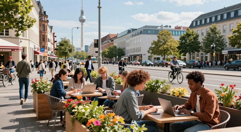 A captivating urban scene showcasing a vibrant outdoor workspace in Germany, highlighting popular cities for digital nomads. In the foreground, a diverse group of professionals in smart casual attire are engaged in work on laptops at a stylish café terrace, surrounded by colorful potted plants. In the middle ground, a bustling street filled with cyclists and pedestrians, showcasing iconic German architecture, like historic buildings mixed with modern structures. The background features a clear blue sky, with faint outlines of famous landmarks like the Berlin TV Tower or Neuschwanstein Castle, emphasizing a sense of adventure. Natural sunlight casts warm, inviting shadows, enhancing the atmosphere of productivity and community. The image is captured with a slight depth of field, ensuring the focus remains on the lively interactions of digital nomads.