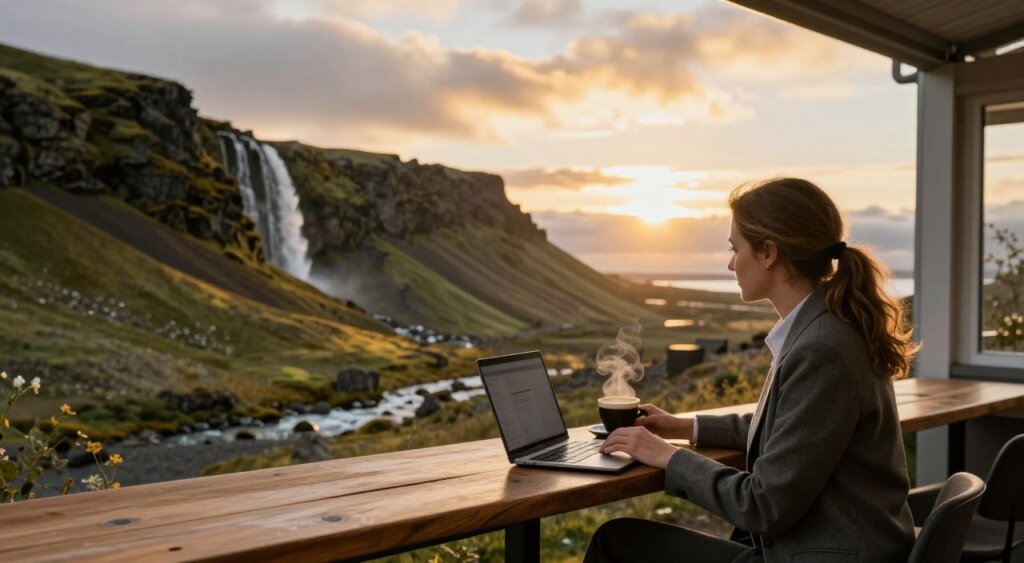 A captivating view of a digital nomad in Iceland, set against a breathtaking landscape. In the foreground, a focused professional woman in smart casual clothing sits at a wooden table outside a cozy café, laptop open and a steaming cup of coffee beside her. She gazes at the stunning mountain range in the middle ground, which is adorned with patches of green moss and cascading waterfalls. The background reveals a vibrant sky at sunset, casting warm golden hues while soft clouds drift lazily. The atmosphere is serene and inspiring, reflecting a blend of productivity and Icelandic natural beauty. Soft, diffused lighting enhances the scene, reminiscent of a National Geographic photojournalism style, capturing the essence of remote work amidst Iceland’s unique culture.