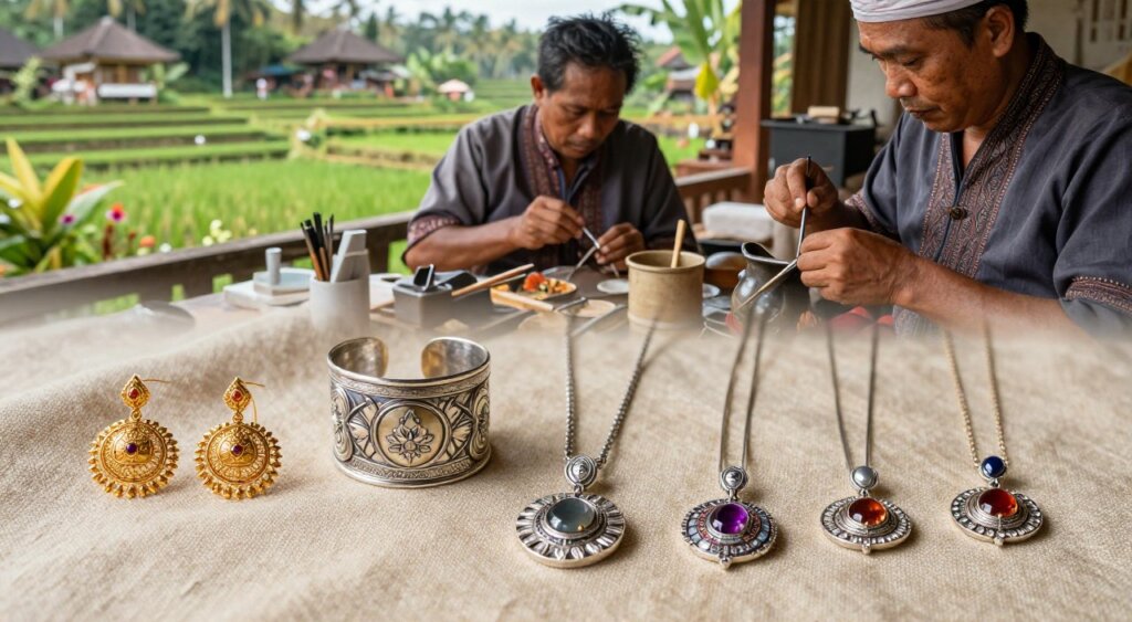 A chronological representation of the evolution of Bali jewellery, showcasing intricate designs from ancient to modern styles. In the foreground, display a collection of jewellery pieces, including traditional gold filigree earrings, silver cuffs, and contemporary gemstone pendants, meticulously arranged on a textured, natural fabric backdrop. In the middle ground, illustrate artisans at work, embodying the craftsmanship with tools and materials, depicting both traditional and modern techniques. The background should feature a serene Balinese landscape with rice terraces and traditional architecture. Utilize soft, natural lighting to enhance the reflective surfaces of the jewellery and create an inviting, cultural atmosphere. Capture this scene with a slight depth of field to focus on the jewellery, evoking a sense of history and artistry.
