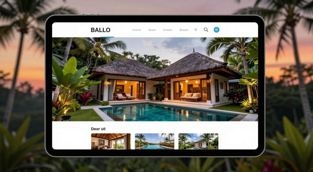 A clean and modern booking platform screen showcasing Bali villa deals. The foreground features a sleek user interface displayed on a tablet, featuring vivid images of luxurious villas, infused with lush tropical surroundings. In the middle ground, an inviting image of a stunning Balinese villa with a private pool, surrounded by exotic plants and tranquil ambiance. The background includes soft-focus silhouettes of palm trees against a colorful sunset sky, creating a serene atmosphere. The lighting is warm and inviting, casting a soft glow on the villa images, designed with a professional layout that emphasizes ease of navigation. The scene captures a sense of aspiration and excitement for potential travelers looking to book their dream villa in Bali.