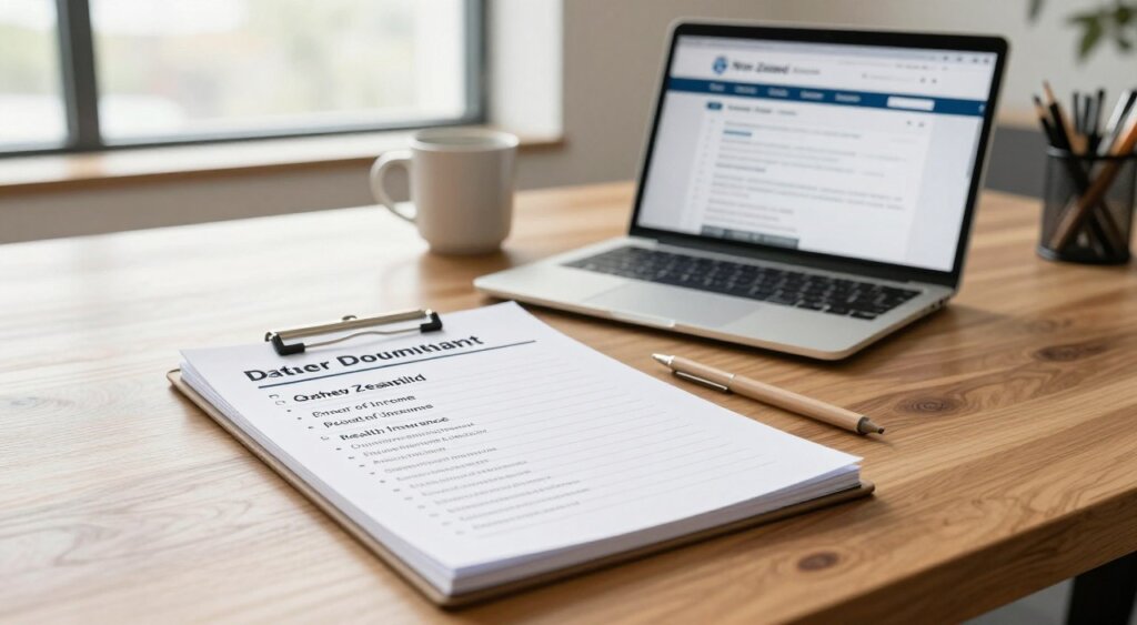 A clear and organized checklist related to the digital nomad visa application process for New Zealand, placed on a polished wooden desk in a modern office setting. In the foreground, an elegant notepad with bullet points visible, detailing items like "Gather Documentation," "Proof of Income," "Health Insurance," and "Online Application Submission." The middle ground features a sleek laptop displaying the New Zealand immigration website, while a stylish coffee mug and a few stationery items add a touch of personalization. In the background, a large window lets in soft natural light, illuminating the space with a warm, inviting glow. The mood is professional yet relaxed, conveying a sense of purpose and ambition. Capture this scene with a slight tilt, giving a dynamic angle that emphasizes the checklist and the organized workspace.