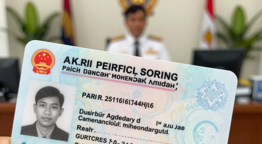 A close-up, detailed depiction of a Bali driver's license eligibility document specifically designed for foreigners. In the foreground, the document is positioned prominently, showcasing important fields such as the applicant's name, nationality, and eligibility criteria, with intricate design elements that reflect Balinese culture. The middle ground features a blurred view of an official office setting, emulating a government services environment with subtle hints of tropical plants in the background, giving a sense of place. Soft, natural lighting highlights the document, creating a professional and inviting atmosphere. The composition is framed at eye level, providing a realistic perspective that captures the importance of this document for expatriates.