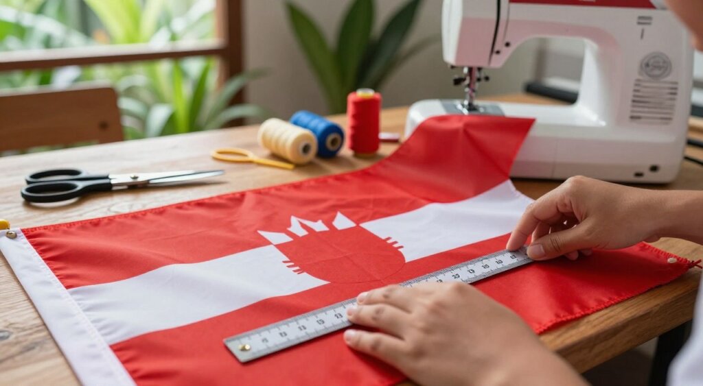A close-up, detailed image showcasing a DIY Bali flag in the process of being created. In the foreground, a pair of hands delicately measuring vibrant red and white fabric pieces using a ruler, capturing the meticulous nature of crafting. In the middle ground, tools like scissors, thread, and a sewing machine are artistically arranged on a wooden table, emphasizing the DIY aspect. The background features an airy workshop space, filled with tropical plants and soft, natural lighting streaming through a window, creating a warm, inviting atmosphere. The overall mood is creative and inspiring, reflecting the joy of making something personal. The composition should be clean and focused, highlighting craftsmanship and the artistry involved in creating a Bali flag. The image should be in high resolution, reminiscent of National Geographic's quality.