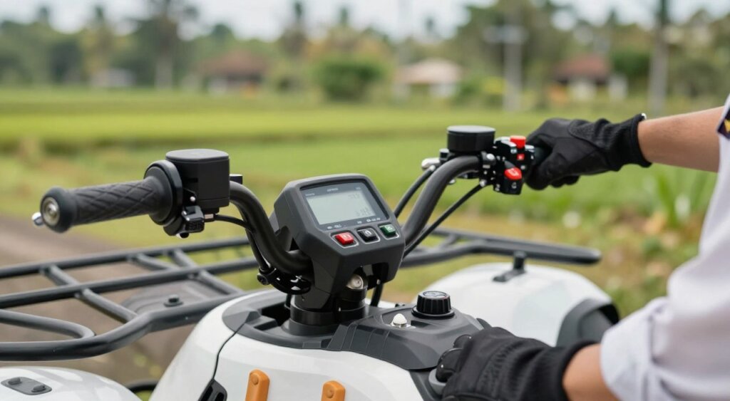 A close-up, detailed view of quad bike safety controls, featuring a modern quad bike dashboard with clearly marked buttons and levers. In the foreground, focus on the throttle, brake, and gear shift, emphasizing their functions with realistic textures and colors. In the middle ground, include a pair of gloved hands demonstrating how to operate the controls, wearing modest, professional attire. The background should depict a blurred tropical landscape in Bali, hinting at lush greenery under bright, natural lighting. Capture the mood of excitement and adventure balanced with a sense of safety and responsibility. Use an angled perspective to create depth, akin to photojournalism style, reminiscent of National Geographic quality.