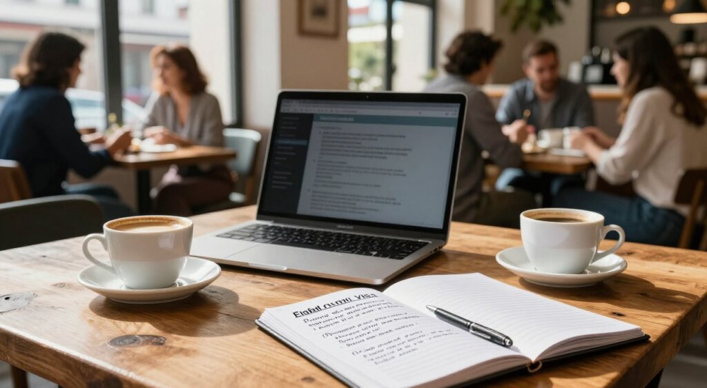 A close-up image of a professional workspace in a cozy café in Albania, featuring a laptop, a coffee cup, and an open notepad with neatly written eligibility requirements for a digital nomad visa, such as proof of employment, minimum income, and health insurance. The scene is vibrant, with natural lighting filtering through large windows, casting soft shadows on the rustic wooden table. In the background, blurred images of travelers and freelancers in business casual attire engaged in discussions enhance the atmosphere of a supportive community. Emphasize an inviting and productive mood, capturing the essence of the digital nomad lifestyle amidst the charm of Albanian culture.