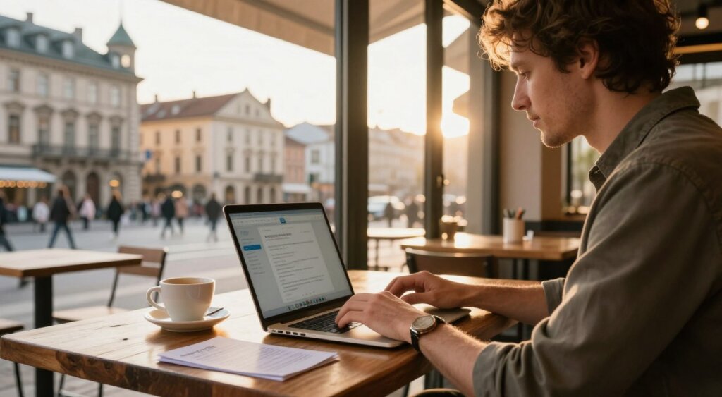 A close-up of a digital nomad working on a laptop at a café in a bustling European city, showcasing iconic architecture in the background. The scene is set during golden hour, with warm sunlight pouring in through large windows, creating a cozy and inviting atmosphere. The foreground features a focused individual, dressed in smart casual attire, deeply engaged in their work. The middle ground highlights a rustic wooden table filled with a coffee cup and some travel documents, while the background captures a lively street filled with people and historic buildings. The composition emphasizes the balance between productivity and the vibrant life of a digital nomad, embodying the theme of remote work flexibility within the EU digital nomad visa context.