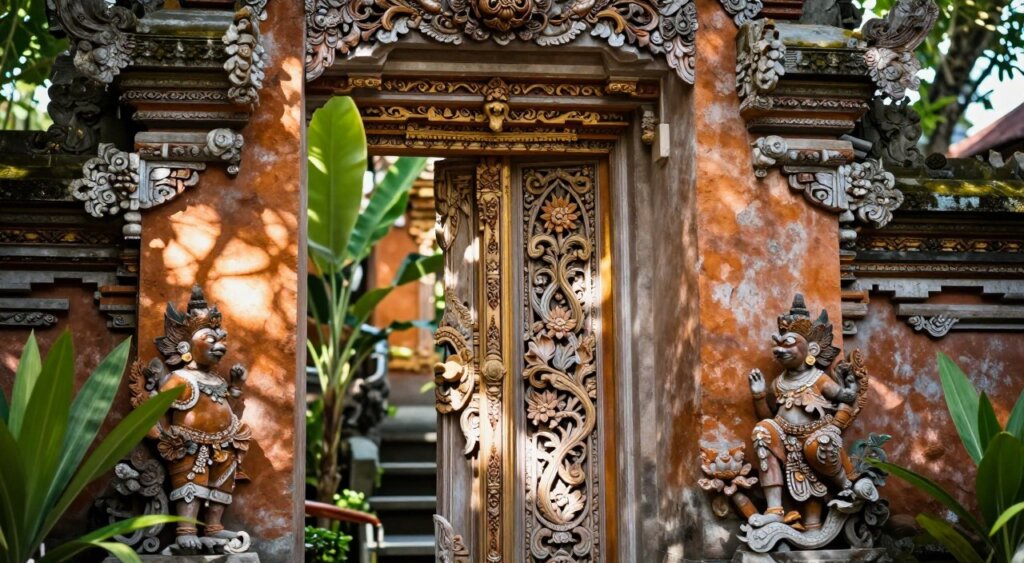 A close-up of traditional Bali door designs showcasing intricate carvings and vibrant colors. In the foreground, focus on an ornately decorated wooden door with detailed floral and mythical motifs, exhibiting a natural weathered texture. In the middle, a small entrance framed by lush tropical plants, with soft sunlight filtering through leaves, creating dappled shadows on the door. The background features a traditional Balinese architecture style, hinting at an ornate temple with stone elements and greenery. Capture this scene with a shallow depth of field, using a wide-angle lens to emphasize the door's craftsmanship while maintaining a soft focus on the surroundings. The mood should be serene and inviting, reflecting the rich cultural heritage of Bali.