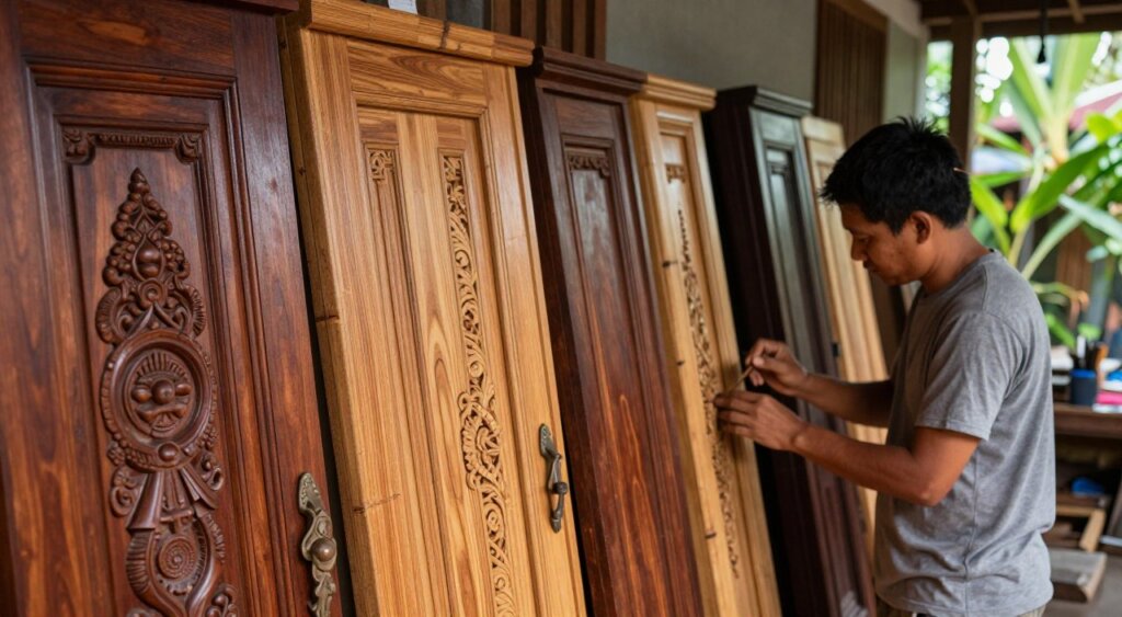 A close-up photo showcasing a collection of handcrafted Bali doors made from various types of wood, prominently featuring rich mahogany, teak, and bamboo. The foreground displays intricate carvings and textures of the wood, emphasizing the craftsmanship. In the middle, a skilled artisan in modest casual clothing examines the grains and patterns of the wood, bathed in warm, natural light that highlights the rich colors and details. The background features a serene Bali workshop with soft-focus greenery and tools, enhancing the artisanal atmosphere. Capture the beauty and authenticity of Bali’s door manufacturing in a documentary photography style, evoking a sense of tradition and cultural heritage. Focus on realism and professionalism, ensuring clarity and depth in every detail.