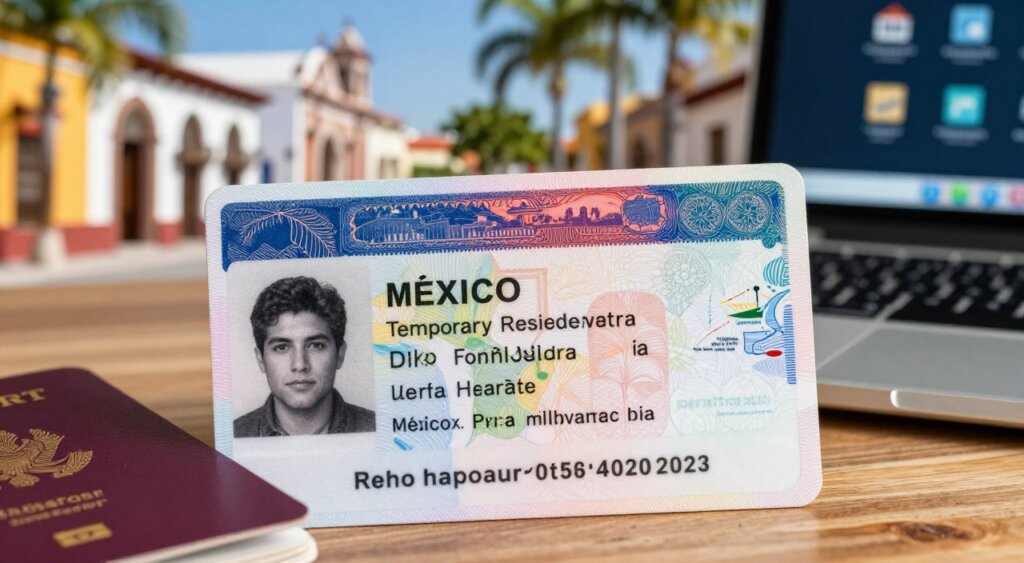 A close-up photograph of a temporary resident visa for Mexico, prominently displayed on a wooden surface, with a blurred background showcasing vibrant Mexican scenery, including traditional architecture and lush palm trees. The visa should be detailed, emphasized with soft natural lighting that highlights its features, while the edges are slightly blurred to draw focus. In the foreground, a passport and a laptop featuring travel-related icons hint at the digital nomad lifestyle. The overall atmosphere should be inviting and aspirational, reminiscent of travel documentation and exploration. The image should evoke a sense of adventure and the allure of living abroad, presented in a professional photojournalism style akin to National Geographic.