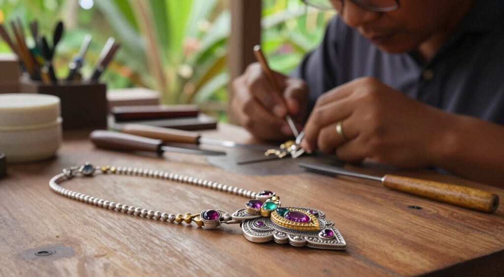 A close-up photograph showcasing the intricate craftsmanship of Bali jewelry, featuring unique silver and gold pieces adorned with vibrant, ethically sourced gemstones. In the foreground, highlight a delicately beaded necklace resting on a softly textured wooden surface, with a detailed focus on the intricate designs, engraving, and gemstone settings. In the middle ground, capture artisans working in a tranquil workshop, surrounded by tools, materials, and partially completed jewelry, illuminating their skilled techniques. The background should include lush tropical foliage, hinting at Bali's natural beauty, softly blurred to emphasize the craftsmanship. Utilize warm, natural lighting to create an inviting atmosphere and a depth of field that draws attention to both the jewelry and the artistry behind it. The overall mood should evoke serenity, elegance, and cultural richness.