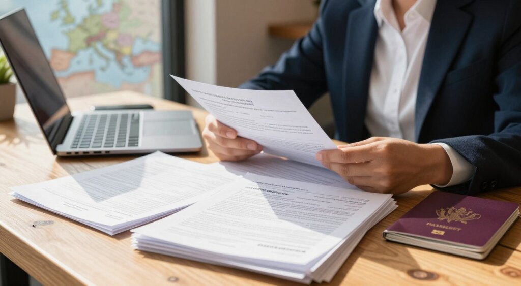 A close-up shot of a cluttered workspace showcasing a variety of digital nomad visa eligibility documents prominently displayed on a wooden desk. The foreground includes neatly stacked papers, a laptop with an open document, and a passport, conveying a sense of organization and professionalism. In the middle ground, a person in smart casual attire reviews the documents, their focused expression reflecting determination and ambition. The background features a modern laptop and a subtle map of Europe on the wall, hinting at travel aspirations. Bright, natural light streams in from a nearby window, casting soft shadows and creating a warm atmosphere, reminiscent of a bustling café or co-working space. The composition emphasizes clarity and professionalism, suitable for an informative article.